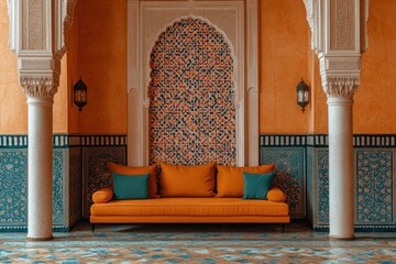 Vibrant Orange Sofa in Luxurious Moroccan-Inspired Interior Design