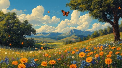 Sunny Meadow Landscape With Butterflies And Flowers