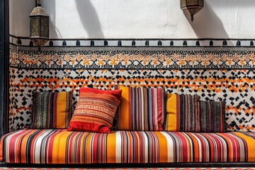 Vibrant Moroccan Sofa with Colorful Stripes and Decorative Pillows