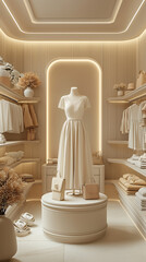 Elegant storefront featuring a mannequin dressed in a sophisticated outfit within a minimalist and warm setting. The soft lighting and neutral tones convey a sense of luxury and harmony.