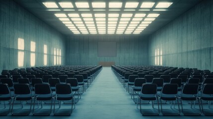A grand empty conference hall with hundreds of chairs symmetrically aligned, awaiting attendees for a major presentation or business summit. The atmosphere is formal and elegant.