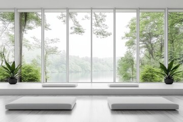 Modern Minimalist Interior with Large Windows and Scenic View