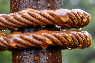 Close-Up of Wet Rope on Metal Post with Dripping Water Droplets