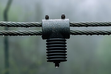 Close-Up of Wet Electric Insulator with Water Droplets on Steel Wire