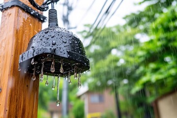 Rain Falling from Black Outdoor Light Fixture on Wooden Pole