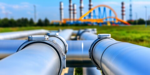 Close up view of large silver industrial pipes outdoors with a blurred industrial plant in the background on a sunny day.
