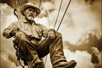 Skilled Worker Sitting on Power Pole Against Dramatic Sky Background