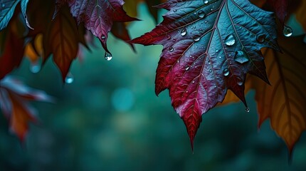 Vibrant red and orange leaves hang gracefully adorned with glistening droplets after a light rain creating a tranquil autumn atmosphere