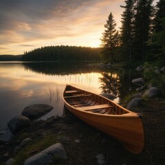 Fototapeta premium Serene lakeside sunset with a wooden canoe, perfect for nature enthusiasts and outdoor photography lovers.