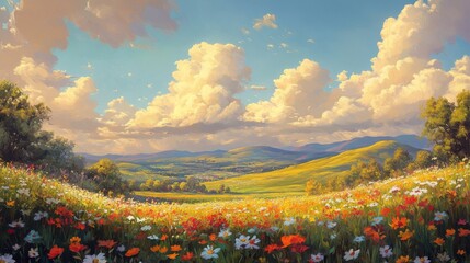 Vibrant Wildflower Meadow Under a Cloudy Summer Sky