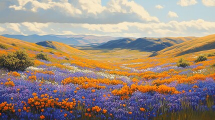 Vibrant Wildflower Meadow In Rolling Hills Landscape