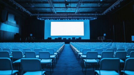 Obraz premium A panoramic view of an empty convention center with rows of white chairs facing a large projection screen, creating a sense of anticipation before a major event begins.