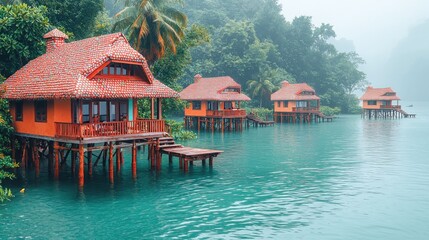 Fototapeta premium Tranquil Overwater Bungalows in Lush Tropical Paradise