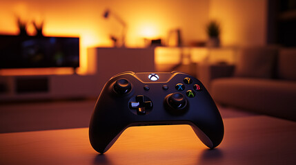 Ergonomic gaming controller on modern desk with ambient lighting, symbolizing immersive single-player experience in cozy living room, blurred background emphasizing focus and technology.