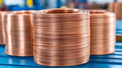 Close up view of neatly stacked coils of shiny copper wire on a blue surface, industrial setting in the blurry background.