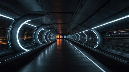 A neon lit corridor links city areas showcasing modern architecture and technology while creating a vibrant nighttime atmosphere