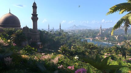 Naklejka premium A picturesque view of a lush, tropical city with majestic mosques and minarets.