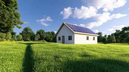 Obraz premium White house with solar panels on a grassy field under a sunny sky. Lush green meadow surrounds the house, suggesting a sustainable and eco friendly home. Daytime scene.