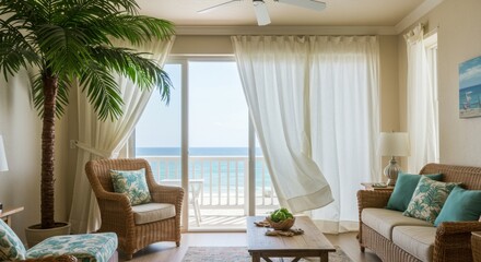 Cozy beachside living room with ocean view, light curtains, and tropical decor - common indoor plants pictures | house plants