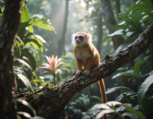 Naklejka premium Golden monkey amidst lush tropical foliage