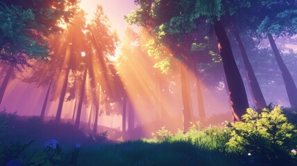 Obraz premium Sunbeams pierce a vibrant, sun-drenched forest