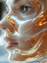 Close-up profile of woman with golden, liquid flowing over her face