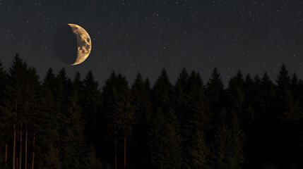 Naklejka premium A crescent moon shines brightly in the night sky above a dark, silhouetted forest. Stars twinkle in the inky blackness, creating a serene and mystical atmosphere.