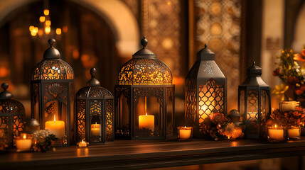 Ornate metal lanterns with lit candles create a warm, inviting ambiance.  Intricate designs and soft light evoke a sense of peace and serenity. Perfect for Ramadan, Diwali, or any festive occasion.
