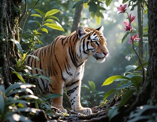 Fototapeta premium A striking tiger amidst lush greenery and vibrant flowers