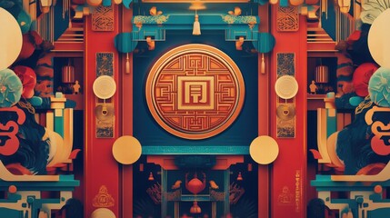 Elegant Chinese New Year Greeting Card with Symbols of Luck and Custom Text Area