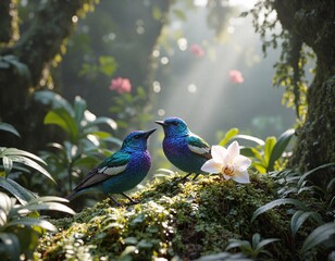 Fototapeta premium Colorful birds nestled among lush greenery and blooming orchids