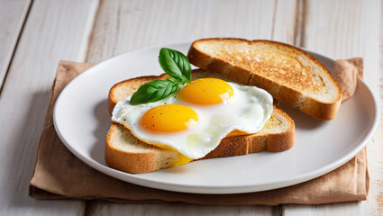 Plate of delicious fresh tasty toasted bread with sunny side up eggs and parsley basil. Appetizing cooked breakfast meal. Breafast food wallpaper concept.