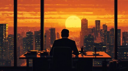 Businessman views sunset city skyline from high-rise office