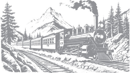 Vintage train journey through the mountains hand sketch design © MH Soykot