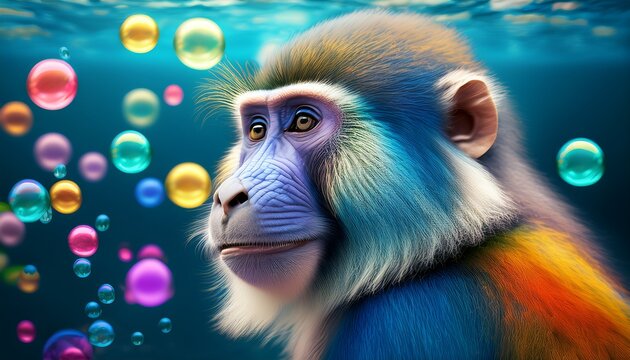 Mandrill in Seifenblasen