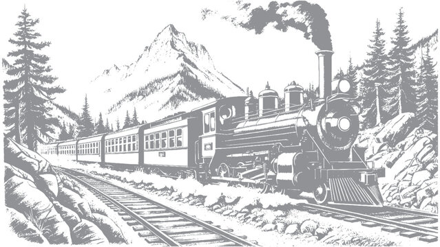 Vintage train journey through the mountains hand sketch design