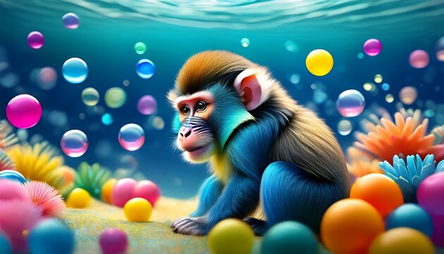 Mandrill in Seifenblasen