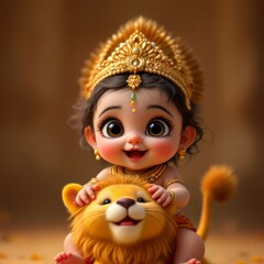 Fototapeta premium Cute Baby Riding a Lion with Golden Crown and Jewelry Smiling