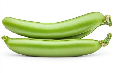 Two vibrant green fresh snow peas, plump and bright, arranged on a stark white background. The peas are positioned slightly overlapping, showcasing their smooth texture and subtle curves.