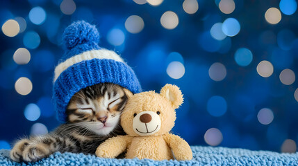 Fototapeta premium Cute kitten in blue hat cuddling teddy bear on soft surface