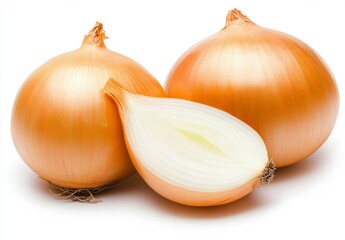Two whole golden onions and a halved onion on a white background. The onions are in focus, with visible layers and texture.