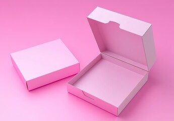 Two pale pink square cardboard boxes on a pink background, one open and one closed. Studio shot.
