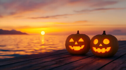 Spooky Jack-O'-Lanterns by Ocean at Sunset During Halloween Season