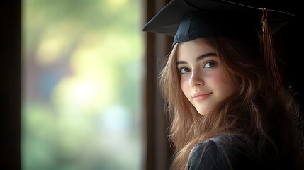 Young Woman Graduates Wearing Graduation Cap