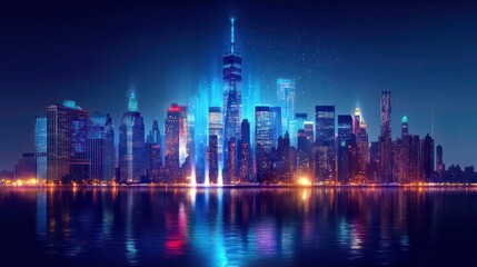 Fototapeta premium Data Technology Communication Networking Background with Data connectivity on city of skyline, newyork city concept wallpaper