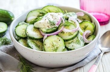Freshly Sliced Cucumbers with Onion and Creamy Dressing, Garnished with Dill on a Wooden Table in a Bright and Inviting Kitchen Setting
