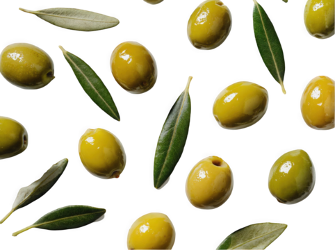 A vibrant collection of green olives and bay leaves scattered on a clean white background, showcasing their natural textures and colors.