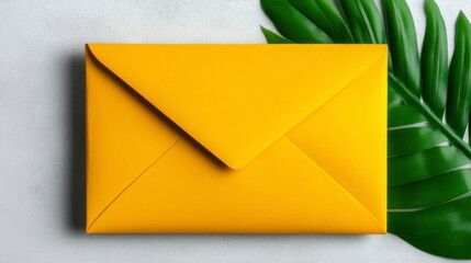 Vibrant yellow envelope with a green leaf on a gray background. Clean and simple flat lay composition, perfect for messaging concepts.