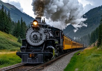 Fototapeta premium A vintage steam train chugs through a mountain pass, billowing smoke against a dramatic sky. Lush green meadows and towering evergreen trees frame the tracks.