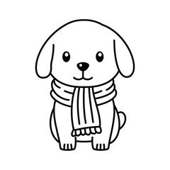 Cute Happy Puppy Little Dog Pet Animal Cartoon Character Wearing Scarf in Line Art Style